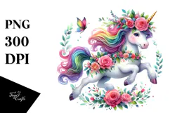 Cute Unicorn Running with Floral Wreath PNG Product Image 1