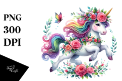 Cute Unicorn Running with Floral Wreath PNG Product Image 1
