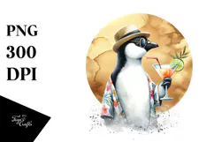 Penguin in Beachwear Drinking Cocktail, Watercolor PNG Product Image 1