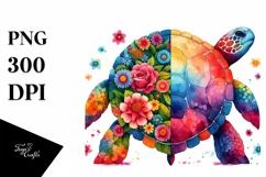 Retro Watercolor Turtle with Flower | Colorful Design Product Image 1