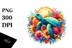 Retro Watercolor Turtle with Flower | Colorful Design Product Image 1