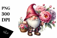 Detailed Watercolor Gnome with Peonies Bouquet | Sublimation Product Image 3