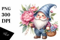 Detailed Watercolor Gnome with Peonies Bouquet | Sublimation Product Image 3