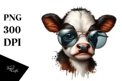 Funny Baby Cow with Sunglasses, Watercolor Design Product Image 1