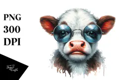 Funny Baby Cow with Sunglasses, Watercolor Design Product Image 1