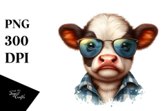 Funny Baby Cow with Sunglasses, Watercolor Design Product Image 1