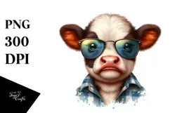 Funny Baby Cow with Sunglasses, Watercolor Design Product Image 1