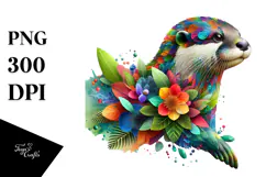 Vibrant Watercolor Otter with 3D Looking Flowers, 20 oz Product Image 1