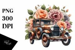 Vintage Rusty Car with Huge Flowers PNG Product Image 1