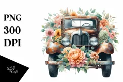 Vintage Rusty Car with Flowers PNG Product Image 3