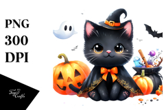 Cute Halloween Cat | Watercolor Clipart Product Image 1