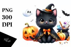 Cute Halloween Cat | Watercolor Clipart Product Image 1