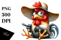 Funny Rooster with Sun Hat Watercolor Clipart Product Image 1