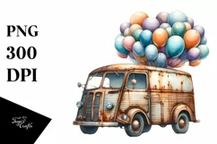 Vintage Rusted Van with Huge Balloons, PNG Product Image 1