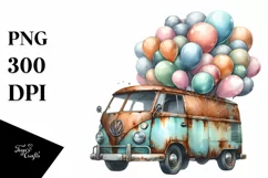 Vintage Rusted Van with Huge Balloons PNG Product Image 1