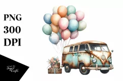 Vintage Rusted Van with Huge Balloons PNG Product Image 1