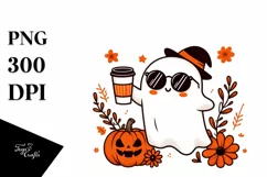 Cartoon Ghost with Sunglasses Holding Coffee, PNG Product Image 1