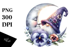 Cute GNOME with Pansy on Moon PNG Product Image 1