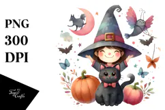 Retro Funny Witch with Cat, Transparent PNG Product Image 1