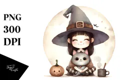 Retro Funny Witch with Cat, Transparent PNG Product Image 1