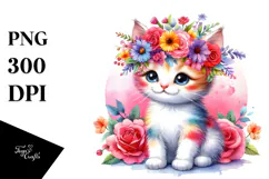 Cartoon-style Kitten with Flower Crown PNG Product Image 1