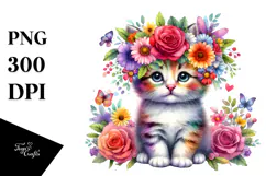 Cartoon-style Kitten with Flower Crown PNG Product Image 1