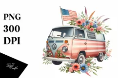 Floral Van with USA Flag | Sublimation Clipart Product Image 1