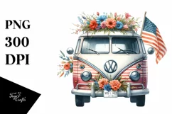 Floral Van with USA Flag | Sublimation Clipart Product Image 1