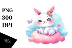 Colorful Pink-ish Cute Baby Bunny on Smiling Cloud PNG Product Image 1