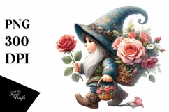Detailed Watercolor Gnome with Rose Bouquet | Sublimation Product Image 3