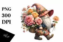 Detailed Watercolor Gnome with Rose Bouquet | Sublimation Product Image 3
