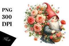 Detailed Watercolor Gnome with Rose Bouquet | Sublimation Product Image 1