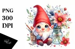 Cute Watercolor Gnome Smiling Sitting in Flowers | Product Image 1
