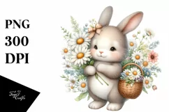 Watercolor Whimsical Cute Baby Rabbit Holding Basket of Product Image 1