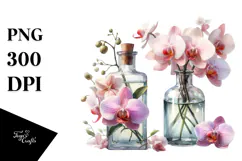 Watercolor Bottle Filled with Few Large Orchid Flower Product Image 1