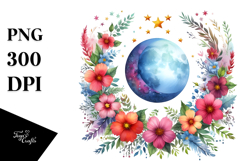 Vibrant Wimsical Moon with Flowers and Stars Clipart Product Image 1