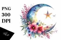 Vibrant Wimsical Moon with Flowers and Stars Clipart Product Image 3