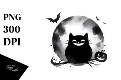 Detailed Pastel Halloween Black Cat Watercolor PNG Product Image 1