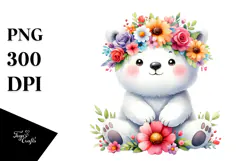 Sweet Polar Bear with Flower Crown, Cartoon Style PNG Product Image 1