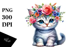 Sitting Cat with Floral Wreath, PNG Product Image 1