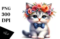 Cute Baby Cat with Floral Wreath PNG Product Image 1