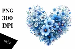 Watercolor Blue Heart with Spring Flowers PNG Product Image 1