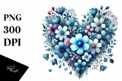 Watercolor Blue Heart with Spring Flowers PNG Product Image 1