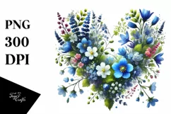 Watercolor Blue Heart with Spring Flowers PNG Product Image 1