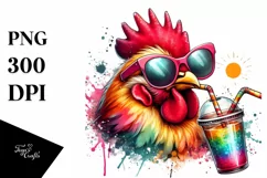 Chicken Drinking Colorful Drink | Watercolor Clipart Product Image 1