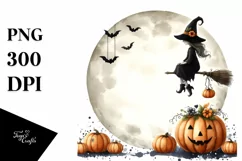 Witch on Moon with Pumpkins, Vintage PNG Product Image 1