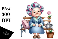 Old Lady Character on Bench with Hair Curlers | Sublimation Product Image 1