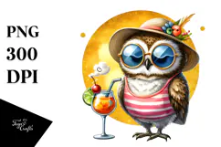 Funky Owl in Beachwear with Cocktail PNG Product Image 1