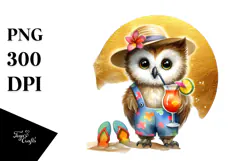 Funky Owl in Beachwear with Cocktail PNG Product Image 1