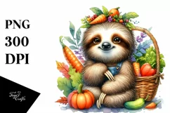 Colorful Baby Sloth Holding Autumn Vegetables | Sublimation Product Image 1